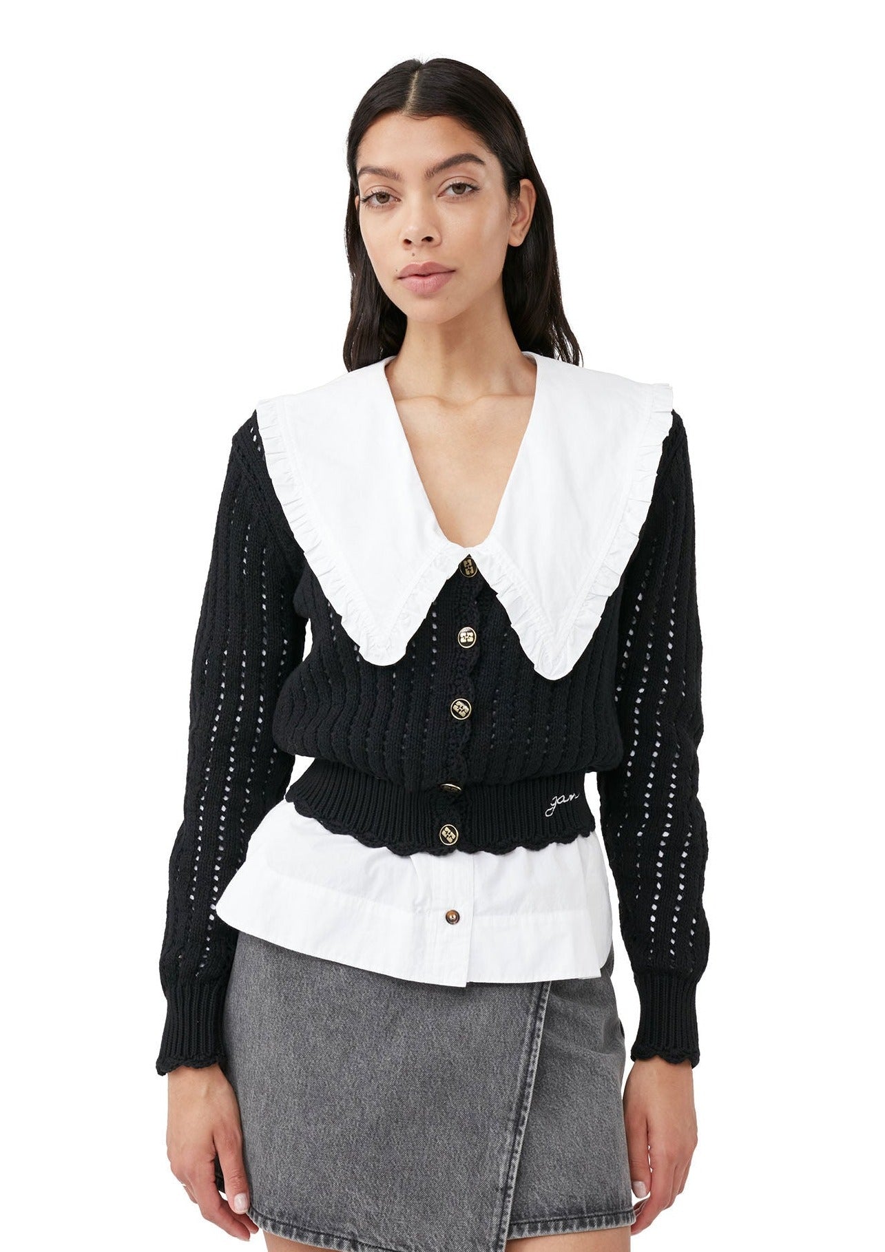 Ganni Cotton Lace O-Neck Cardigan Black Garmentory