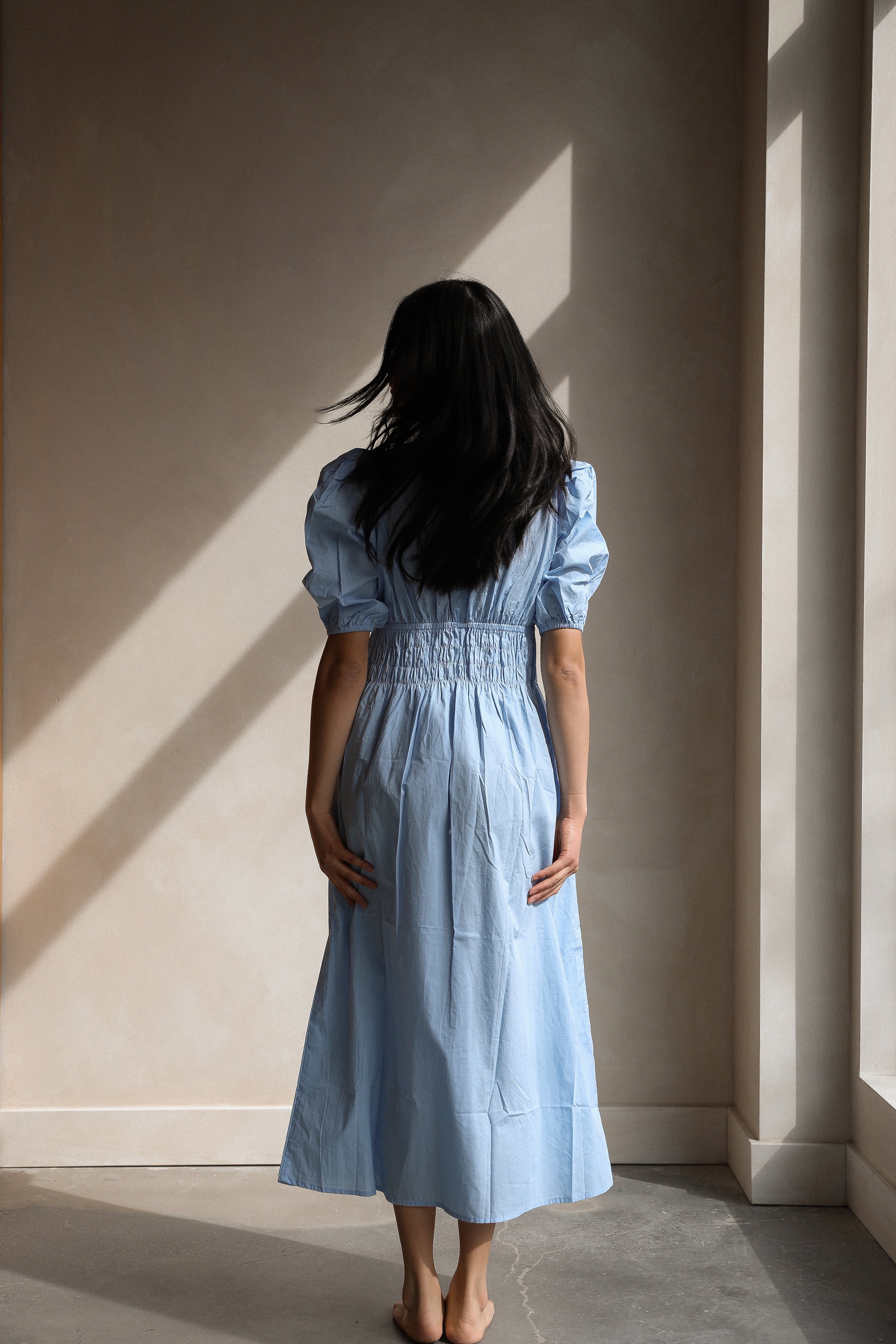 knee length dresses for ladies Faithfull The Brand Floral Puff Sleeve Midi Dress Small Blue Cotton Sh –  Luxe Fashion Finds main image 0