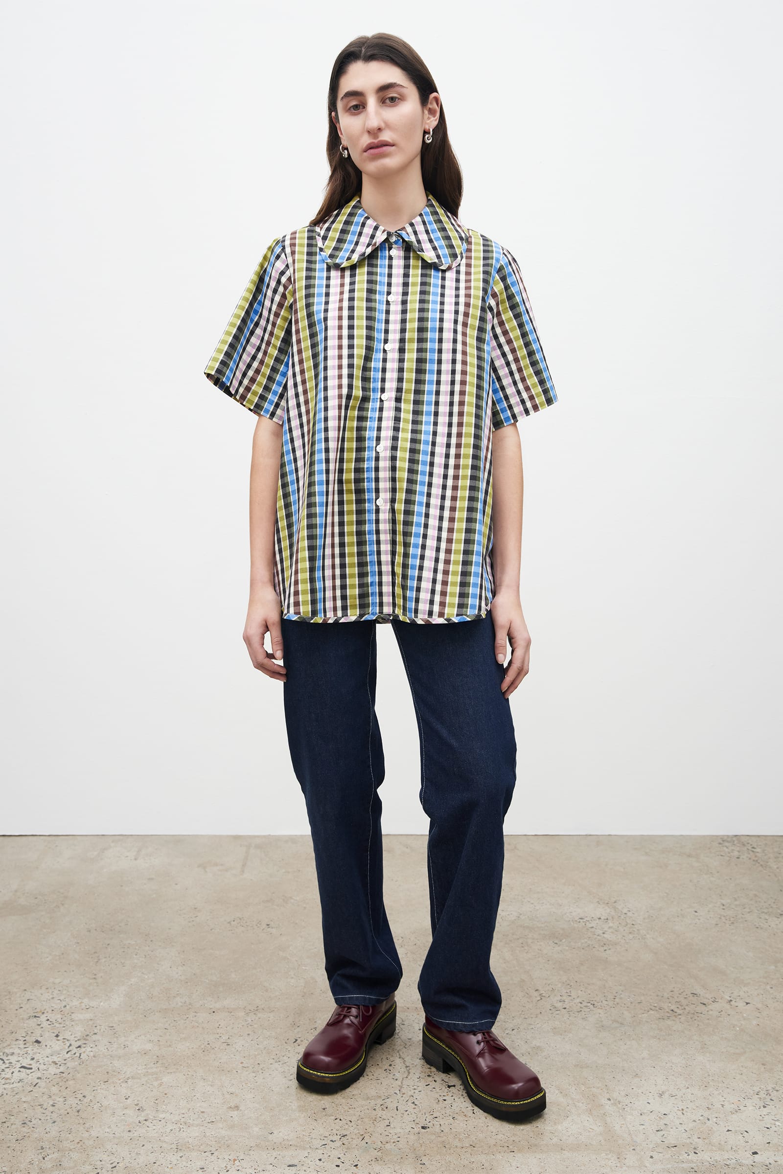 【KOOLOSET】Connie Wrinkle Check Half Shirt Kowtow Petal Shirt - Autumn Check | Garmentory