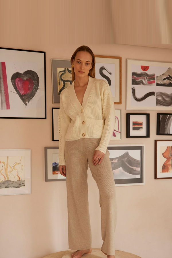 The Knotty Ones Rib Lounge Merino Wool Pants - Beige