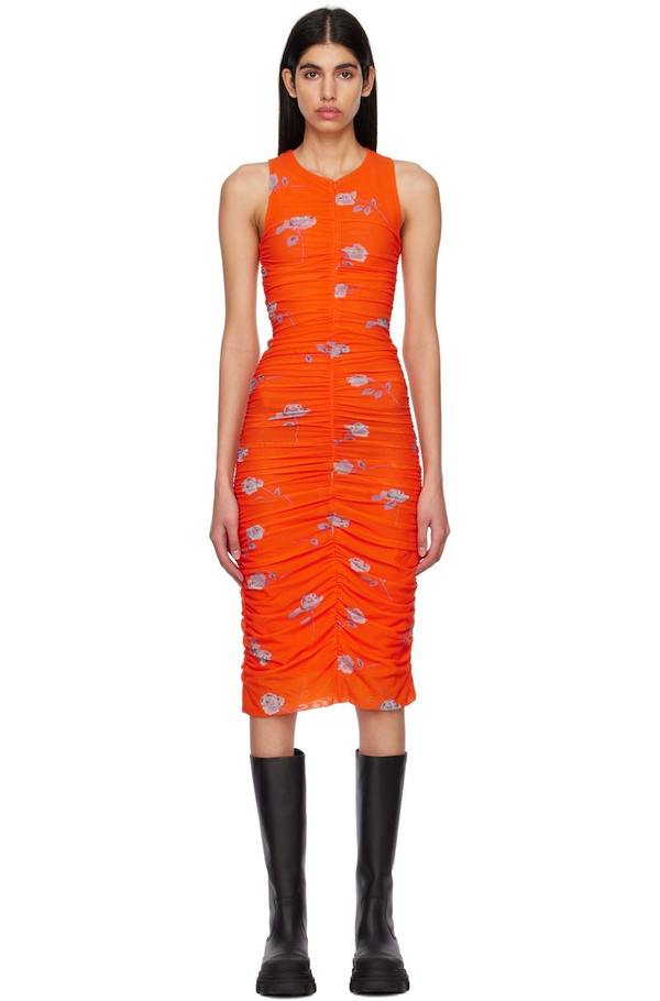 ganni orange ruched dress GANNI Printed Ruched Midi Dress