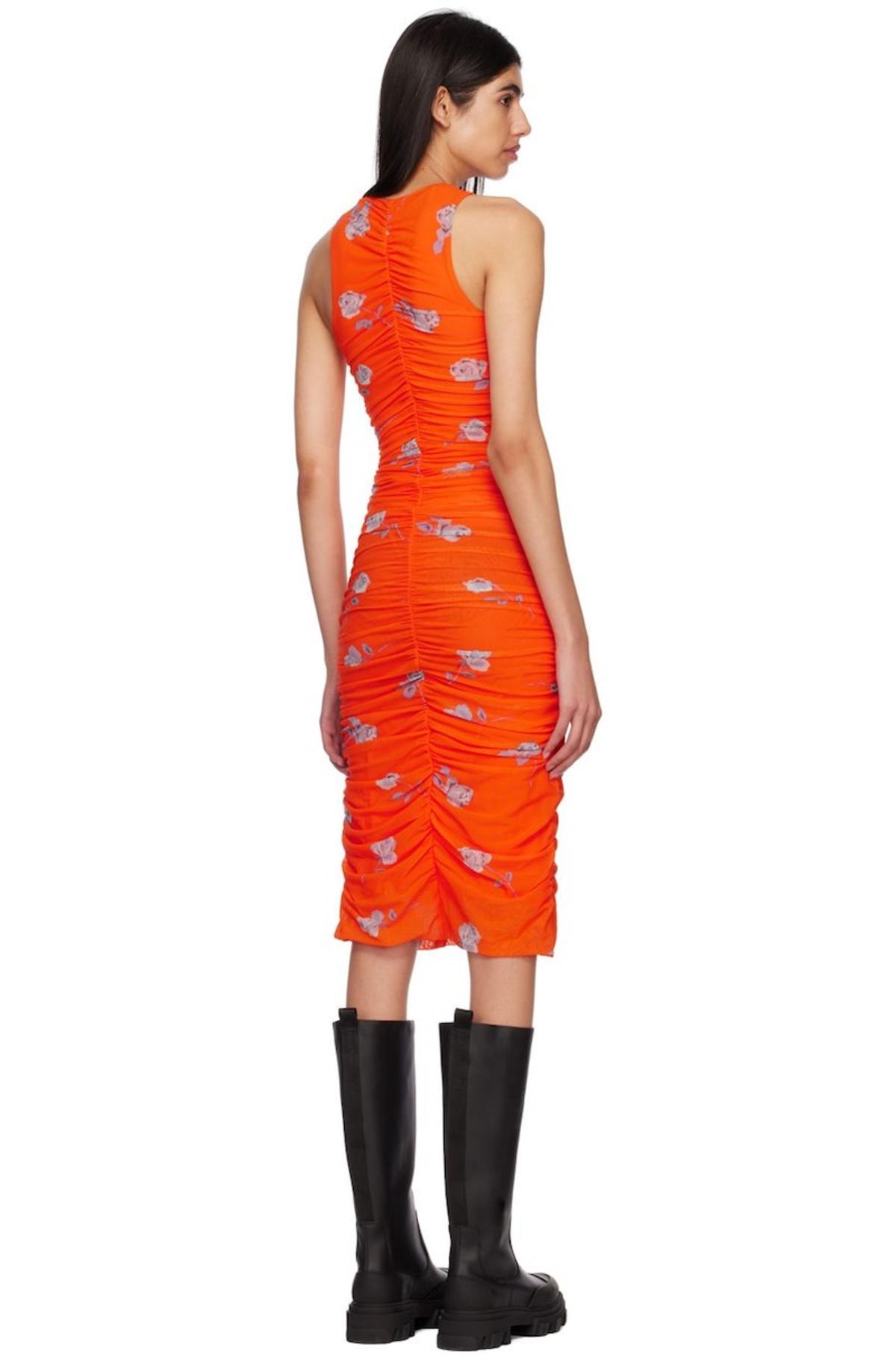 GANNI Printed Ruched Midi Dress - Orangeade | Garmentory