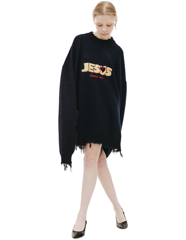 Vetements Jesus Loves Me wool sweater - Navy blue | Garmentory
