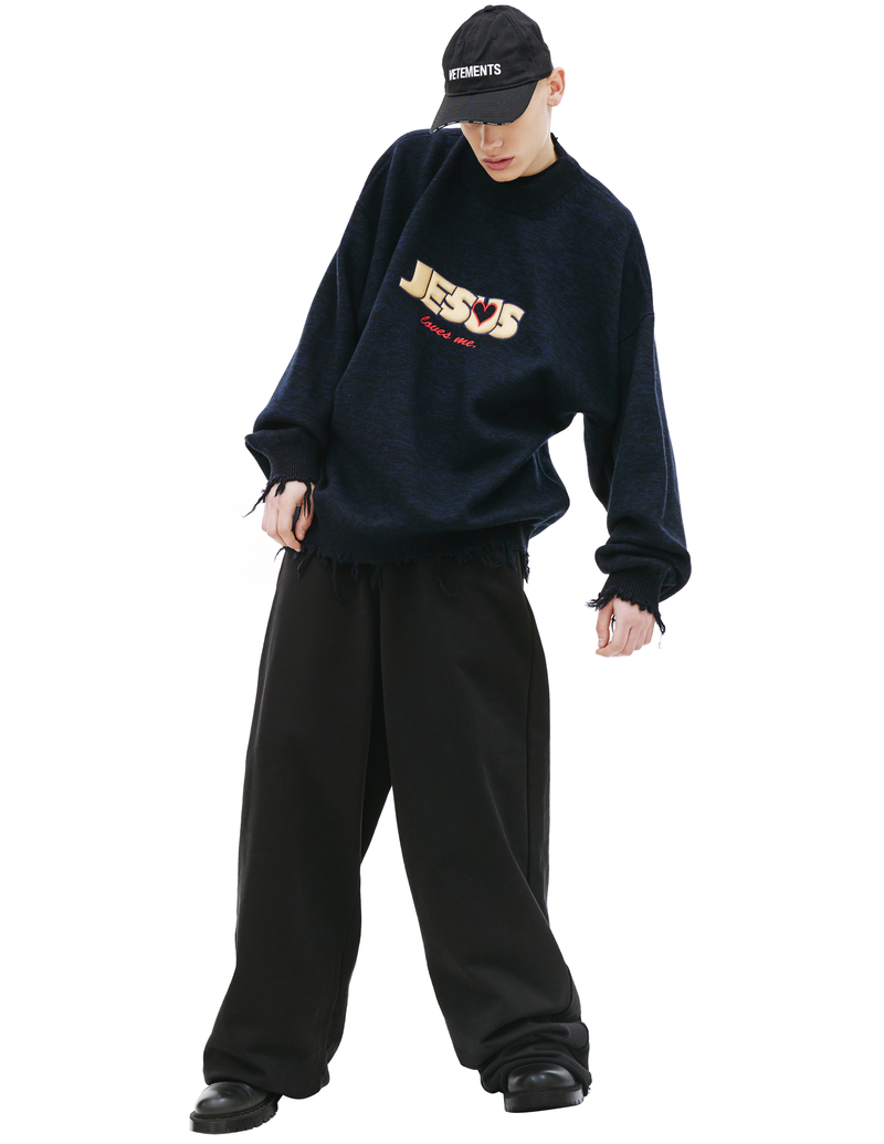 Vetements Jesus Loves Me wool sweater - Navy blue | Garmentory