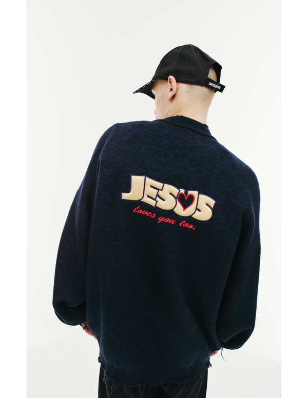 VETEMENTS ヴェトモン JESUS ネイビーセーター L Vetements Jesus Loves Me wool sweater - Navy blue | Garmentory