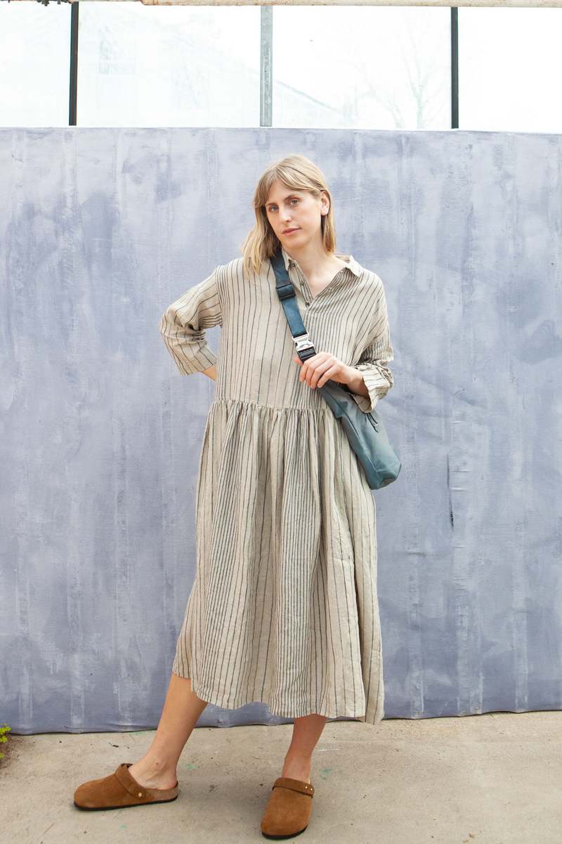 ICHI ANTIQUITES Linen Random Stripes Dress Striped Blue/Natural