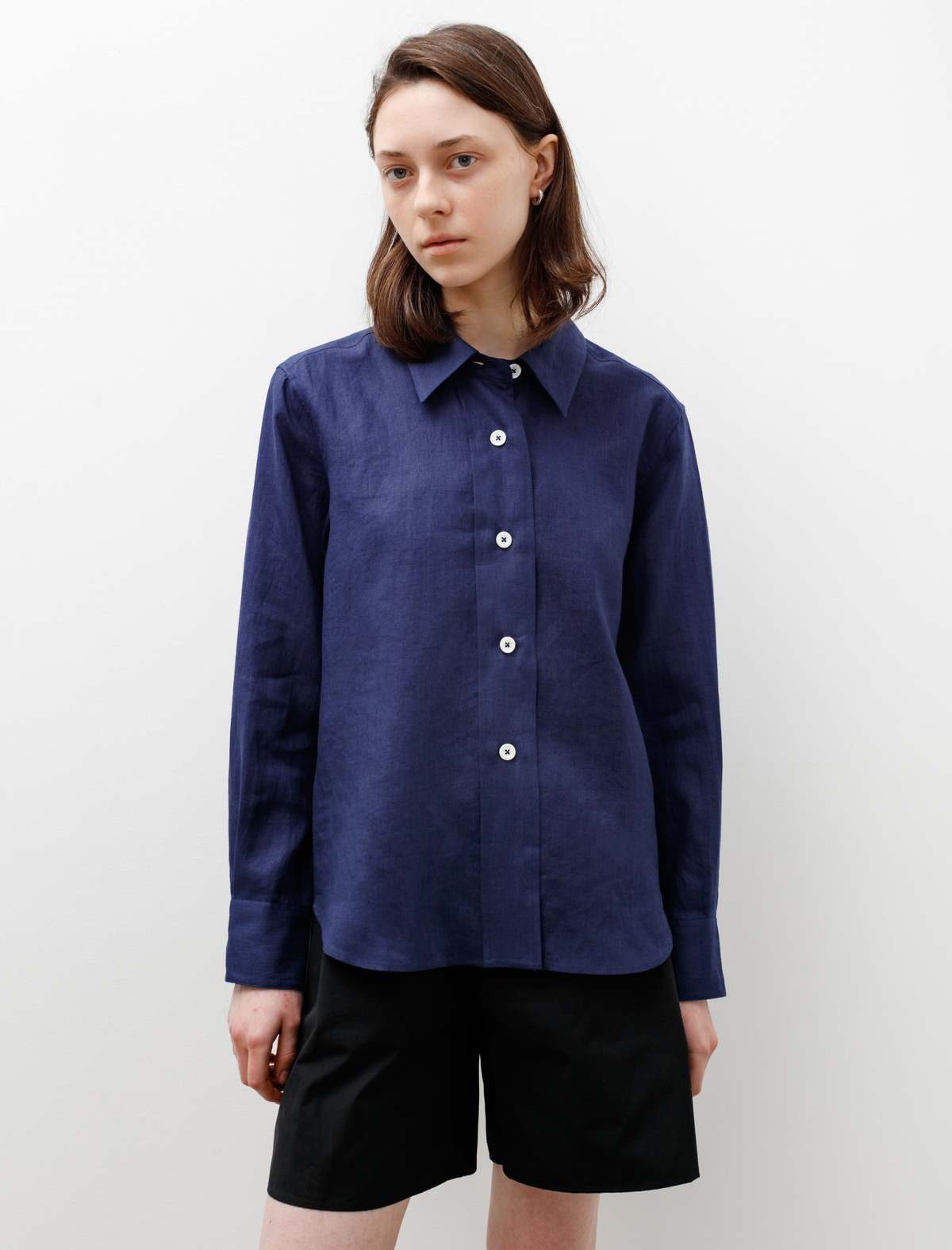 Margaret Howell Broad Placket Shirt Linen - Deep Blue | Garmentory
