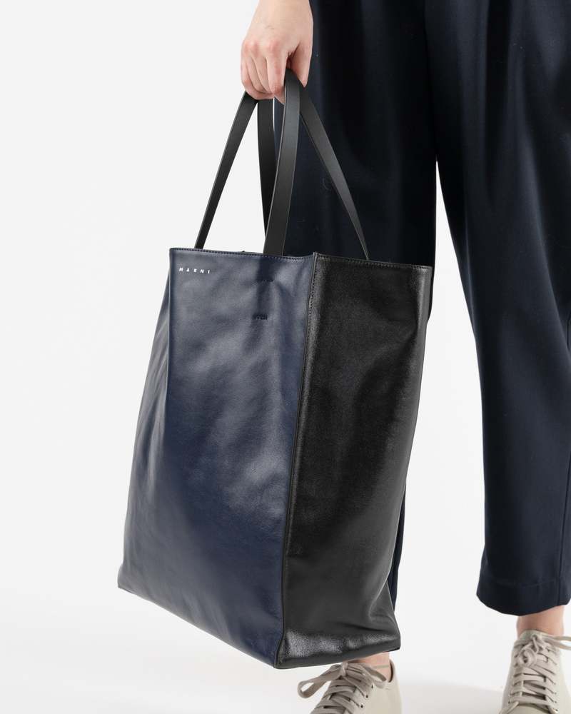 ■MARNI■ Museo Soft Shiny Leather Tote Bag Navy Blue Black Marni Museo Soft Large Tote in Navy and Blue / Black