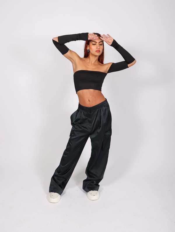 Tibi Shiny Nylon Pleated Stella Cargo Pant - Navy | Garmentory