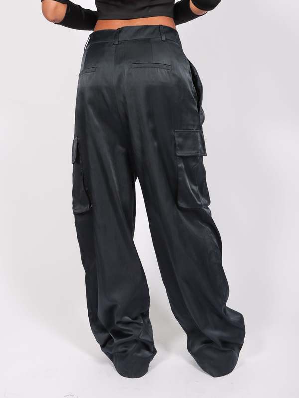 Tibi Shiny Nylon Pleated Stella Cargo Pant - Navy | Garmentory
