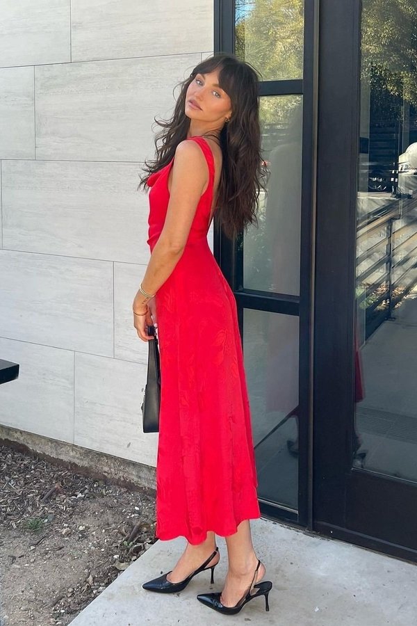midi red dress long sleeve Red Cowl Neck And Back Midi Dress With Slit