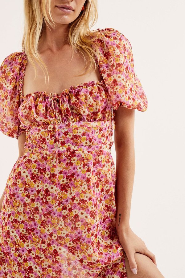 knee length dresses for ladies For Love & Lemons Floral Midi Slit Dress