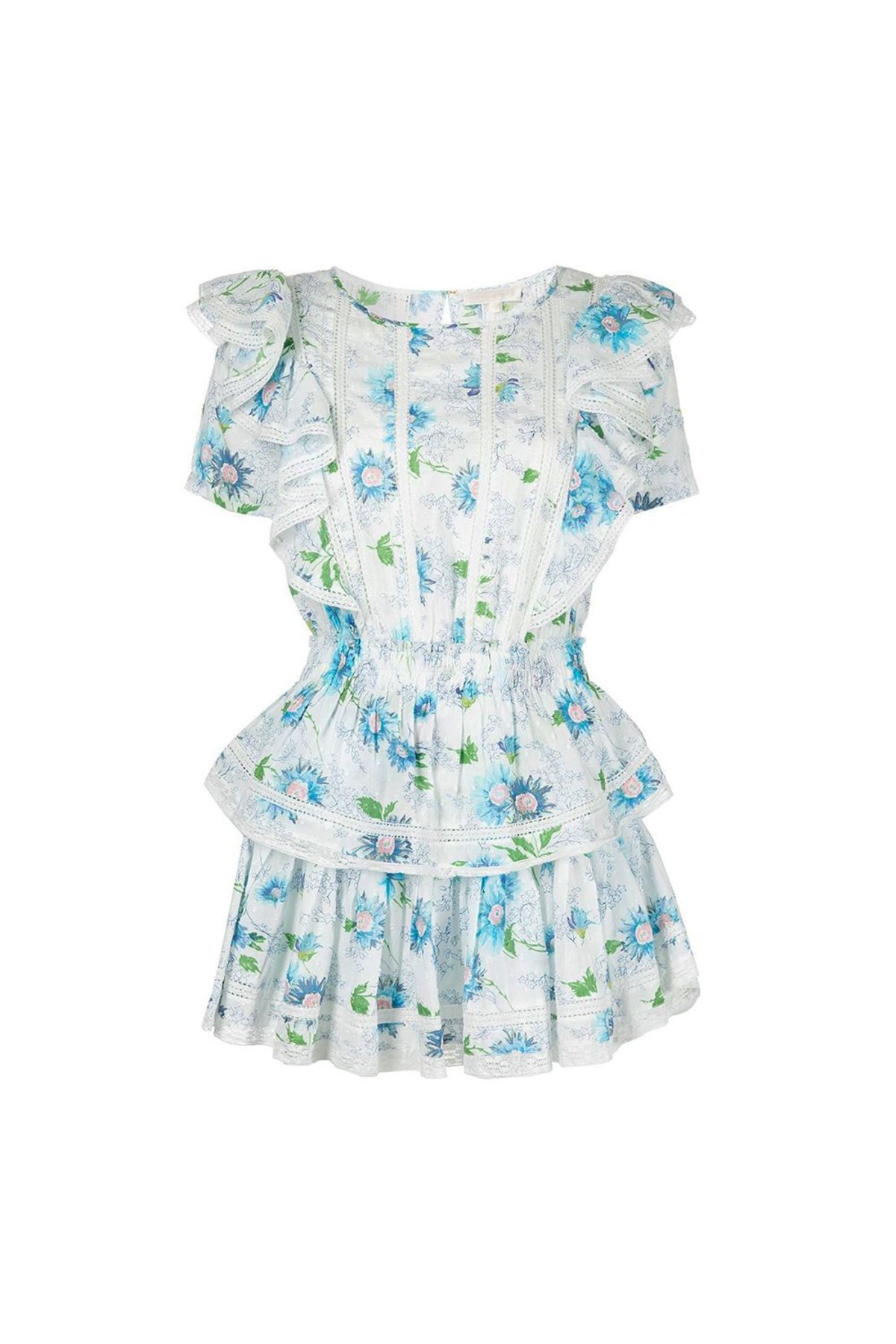 Robe bleue à fleurs blanches et manches bouffantes T.S (Neu (gemäss