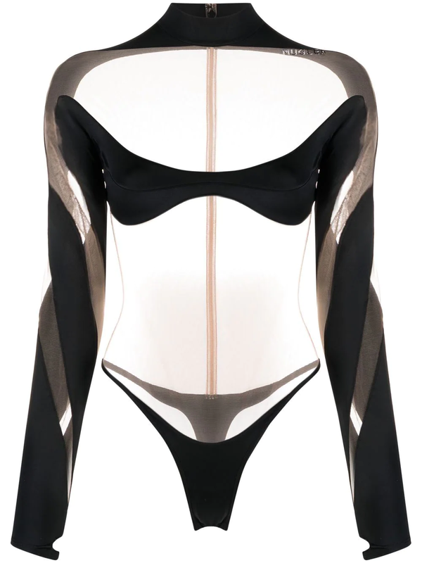 MUGLER WOMEN Front Curved Sheer Cut Out Panel Bodysuit - BLACK