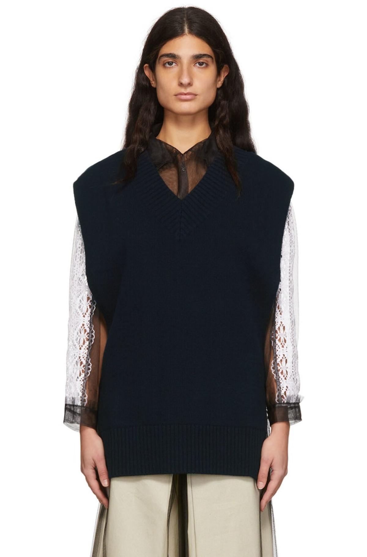 Maison Margiela Sleeveless V-Neck Sweater - Navy | Garmentory