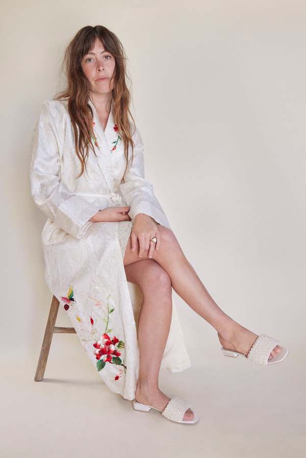 Textured Silk Embroidered Robe Coat Ivory Garmentory