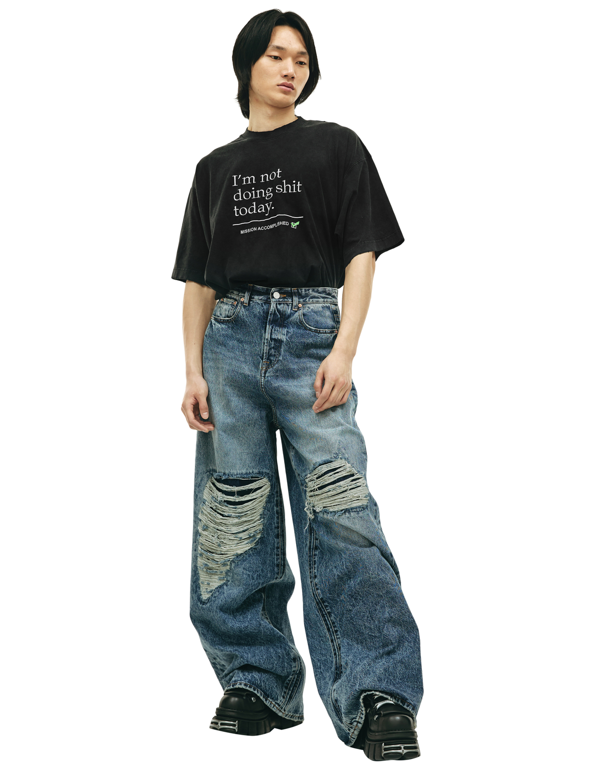 パンツ vetements 23ss wide distressed denim Vetements Distressed Wide Leg Jeans - Blue | Garmentory