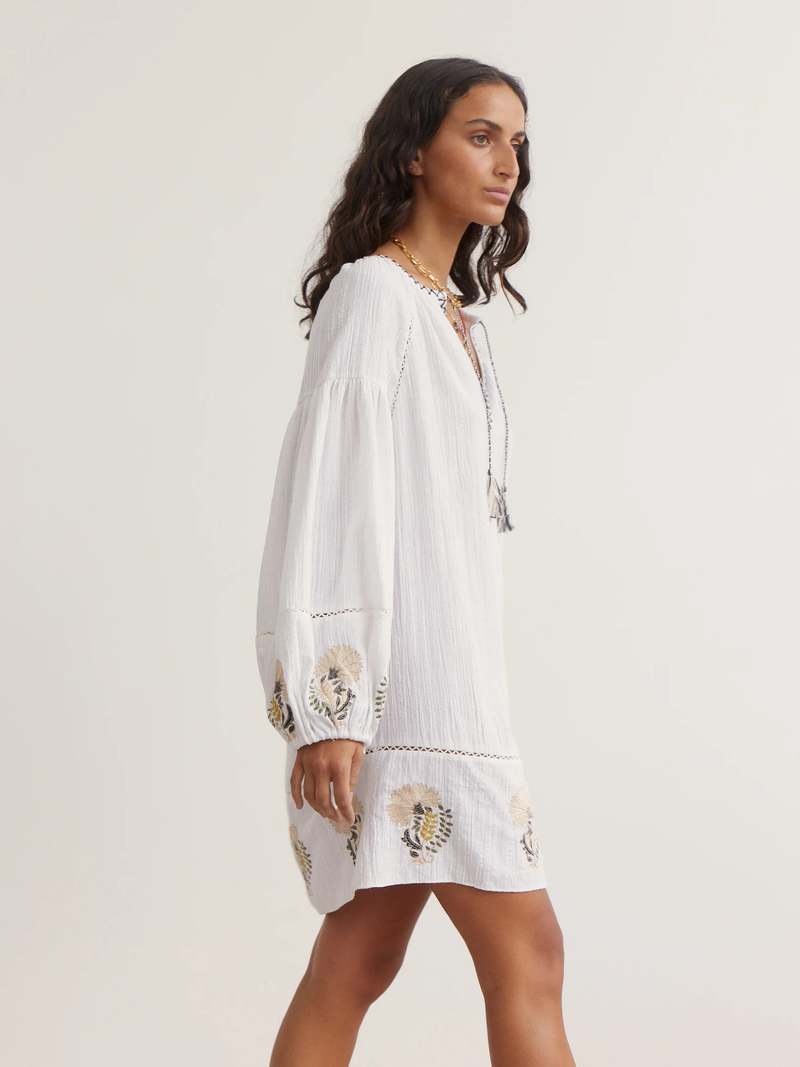 Yasboteh Ls Emb Dress Star White Boteh Aop