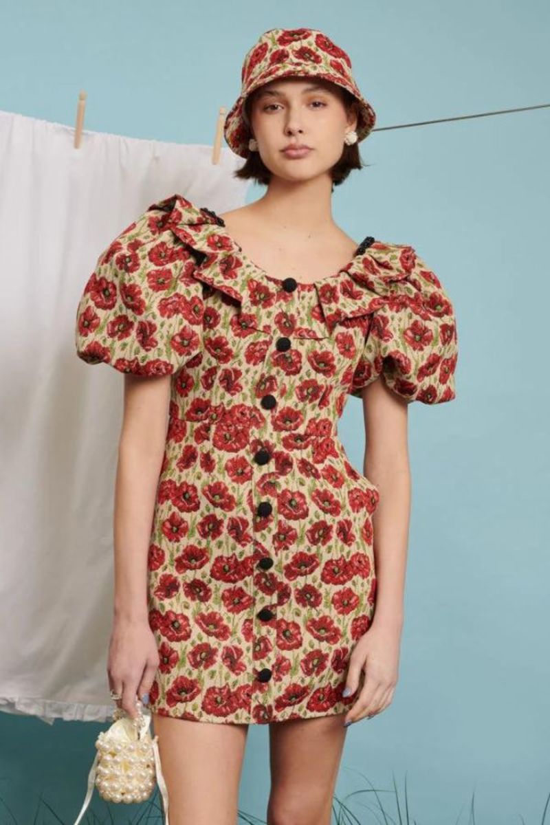 sister jane 花柄パフスリーブワンピース S POPPY Sister Jane Shirley Poppy Tapestry Dress - Tan Red Floral