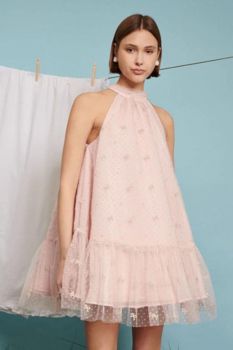 Sister Jane Twirl Embroidered Halter Neck Dress - Baby Pink