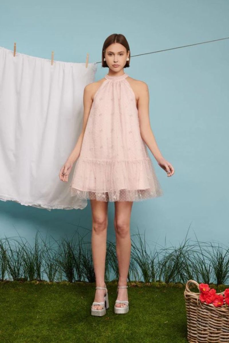 Sister Jane Twirl Embroidered Halter Neck Dress - Baby Pink