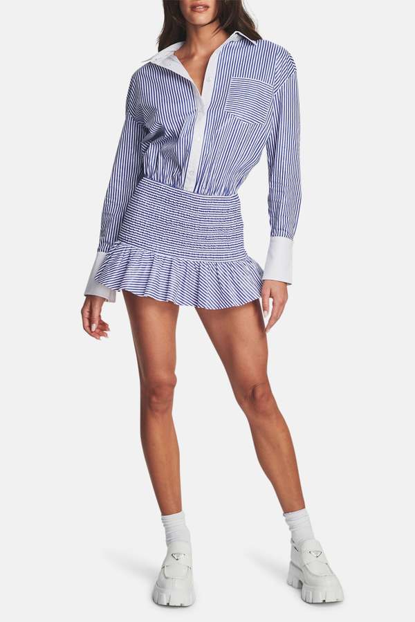 blue stripe royal shirt dress Casual V-Neck Solid A-Line Ruffled Suspender Short Dress Blue / M