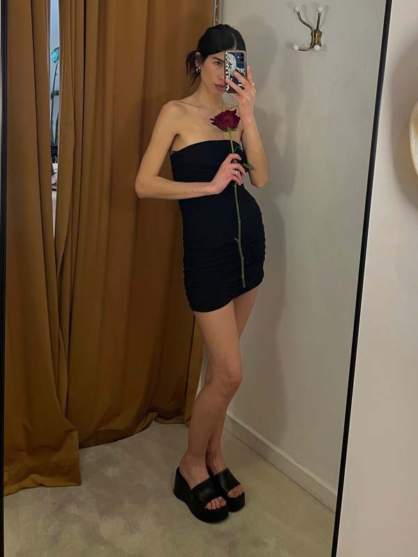 Vintage Slinky Ruched Strapless Mini Dress - Black | Garmentory
