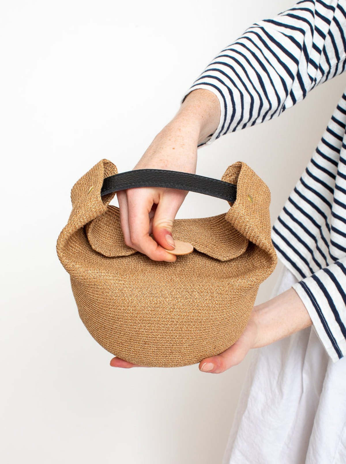 Mature Ha Paper Abaca Braid with Small Black Handle Bag - Bronze Gold ...