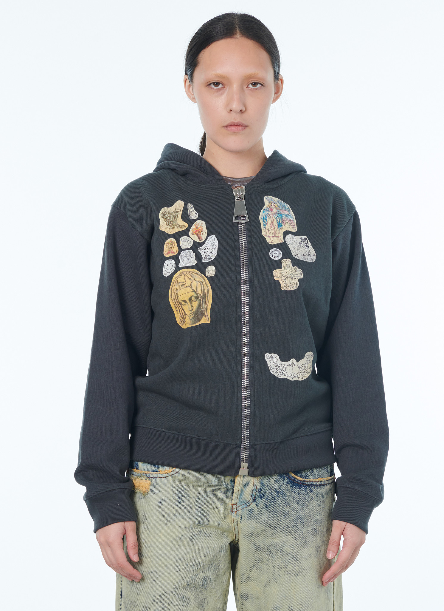 Vaquera Tattoo Patch Zip Hoodie - Black | Garmentory