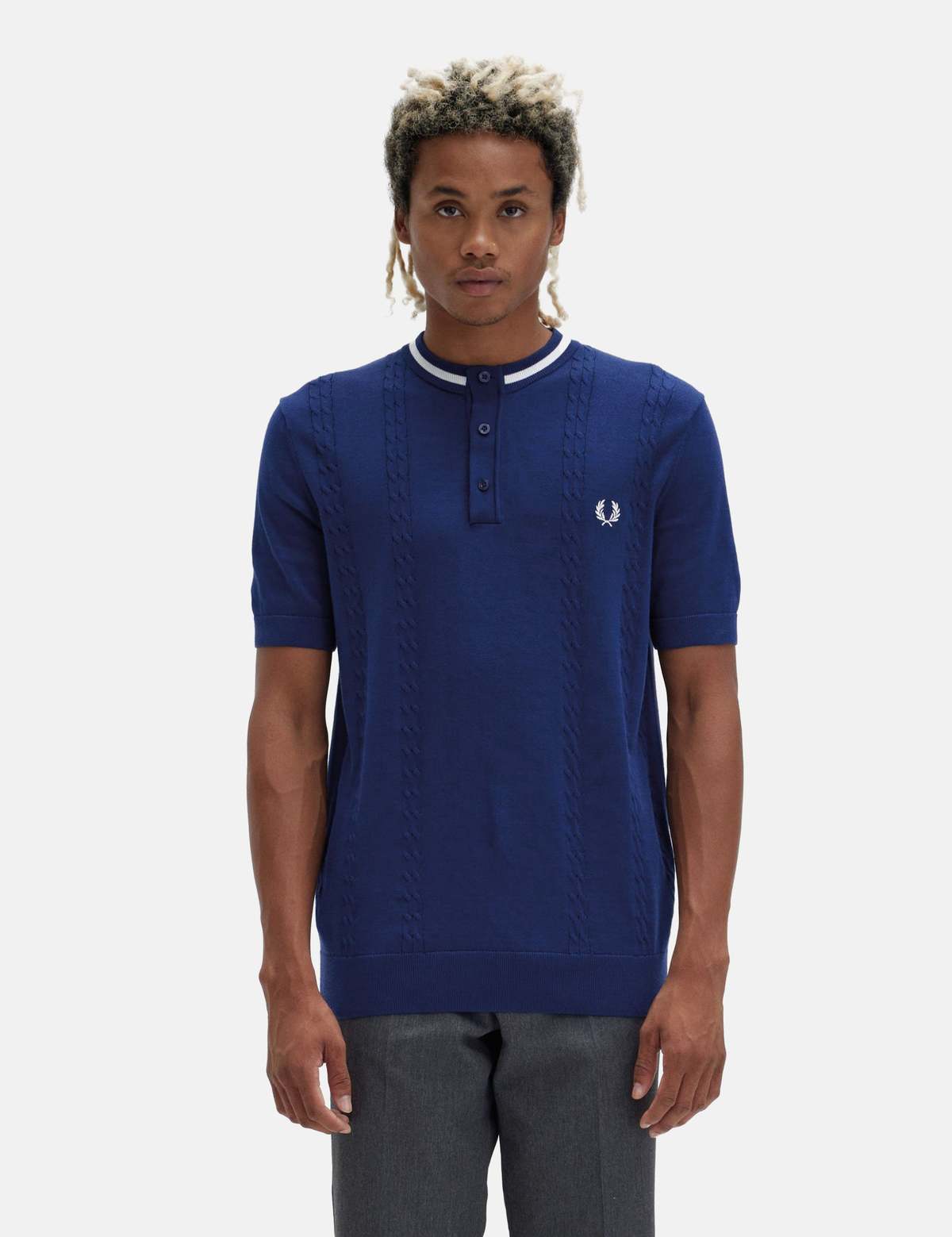 Fred Perry Cable Knit Henley Shirt - French Navy Blue | Garmentory