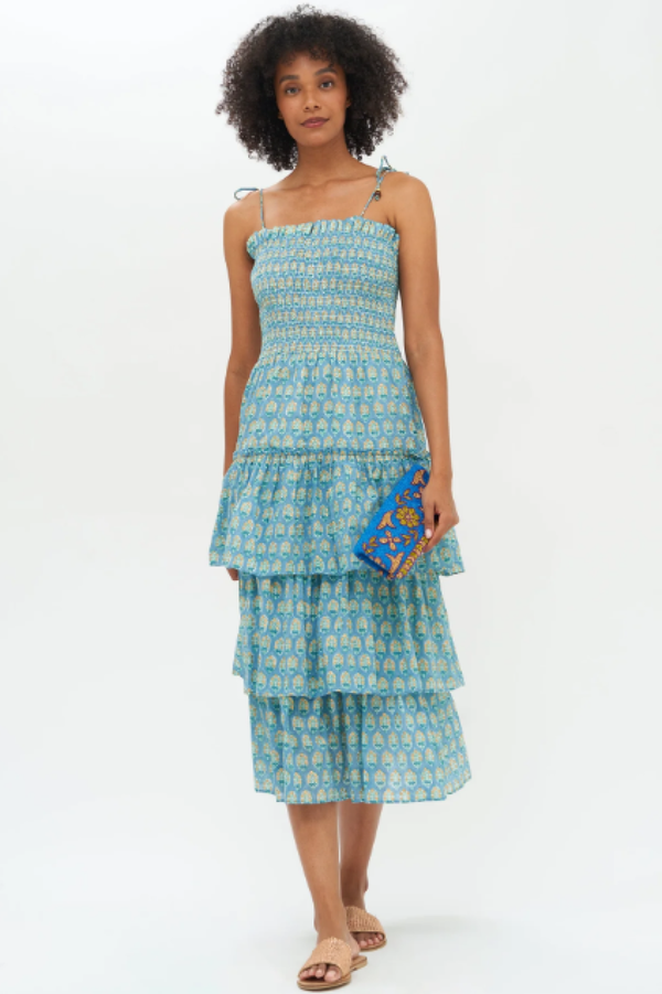 Oliphant Tie-Strap Smocked Midi - Lisbon Blue Gold | Garmentory Oliphant Tie-Strap Smocked Midi - Lisbon Blue Gold | Garmentory