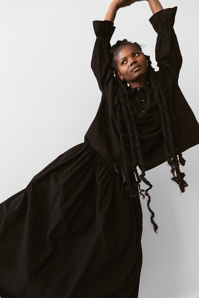 ICHI ANTIQUITES AZUMADAKI Dobby Stripes Skirt - Black