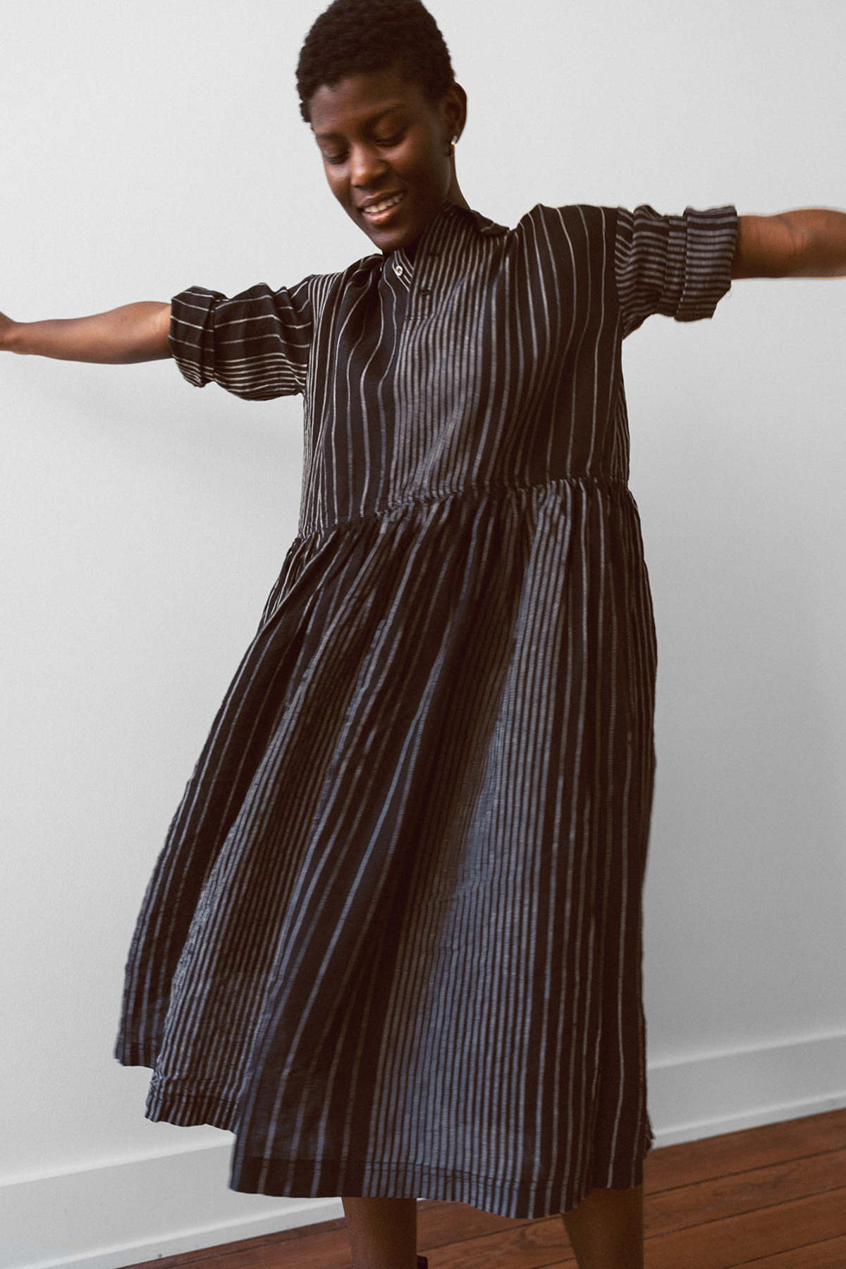 ICHI ANTIQUITES Linen Random Stripes Dress Woven Linen - Black