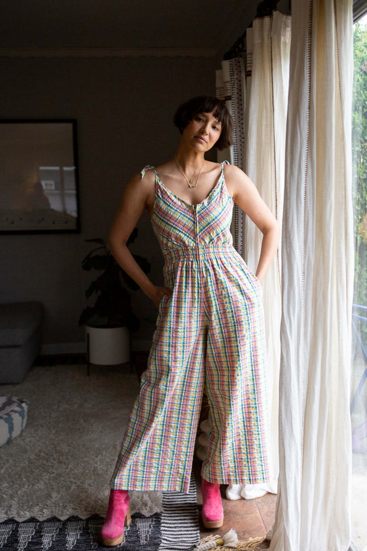 Myrtle Ellis Long Jumpsuit - Rainbow Plaid - Image 4 of 6