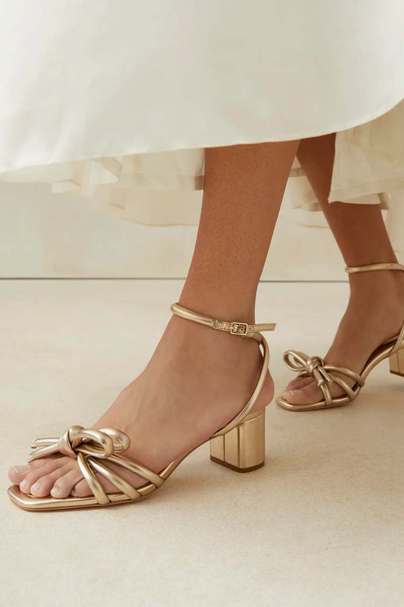 Loeffler Randall Mikel Leather Bow Mid Heel Sandal Champagne