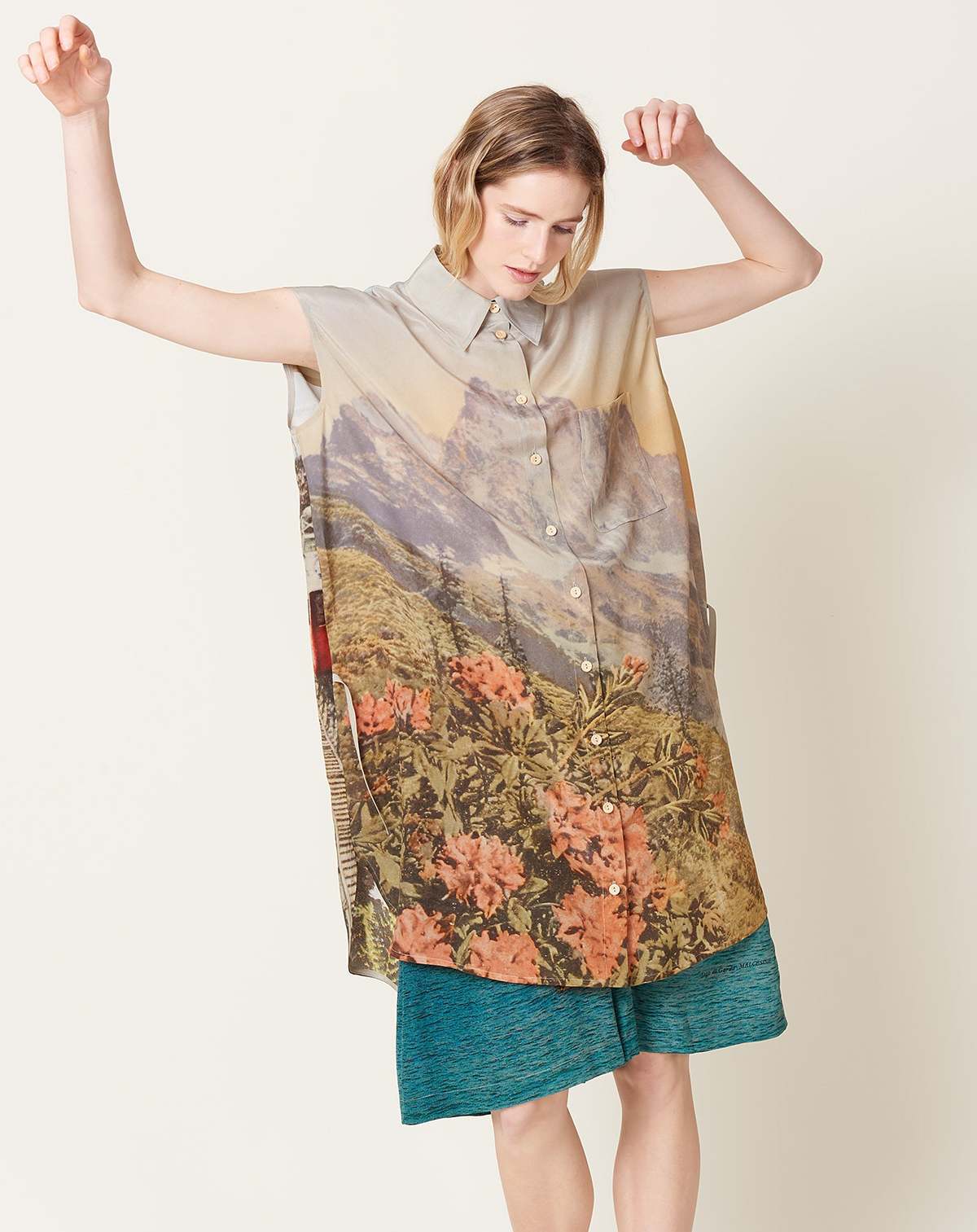 Long Silk Shirt in Alpenrose Postcard Print | Garmentory