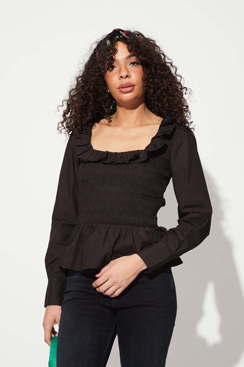 Ganni Cotton Poplin Open Neck Smock Blouse - Black | Garmentory