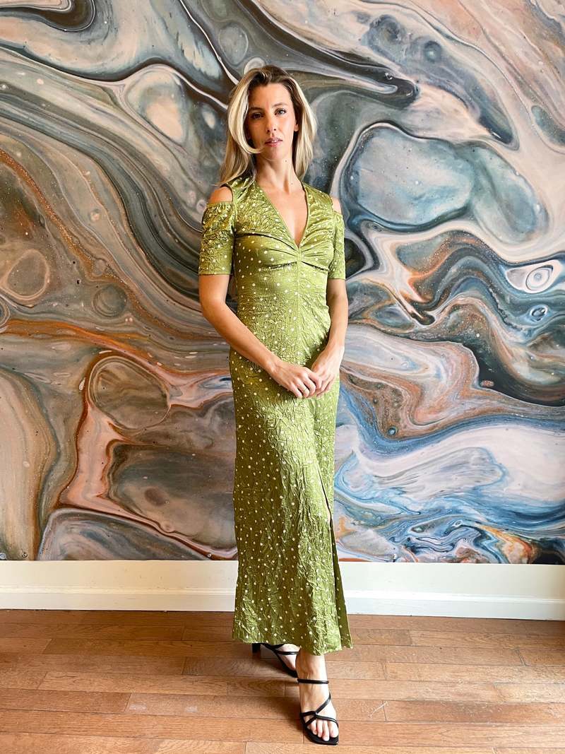 Ganni Crinkled Satin Maxi Dress - Going Green