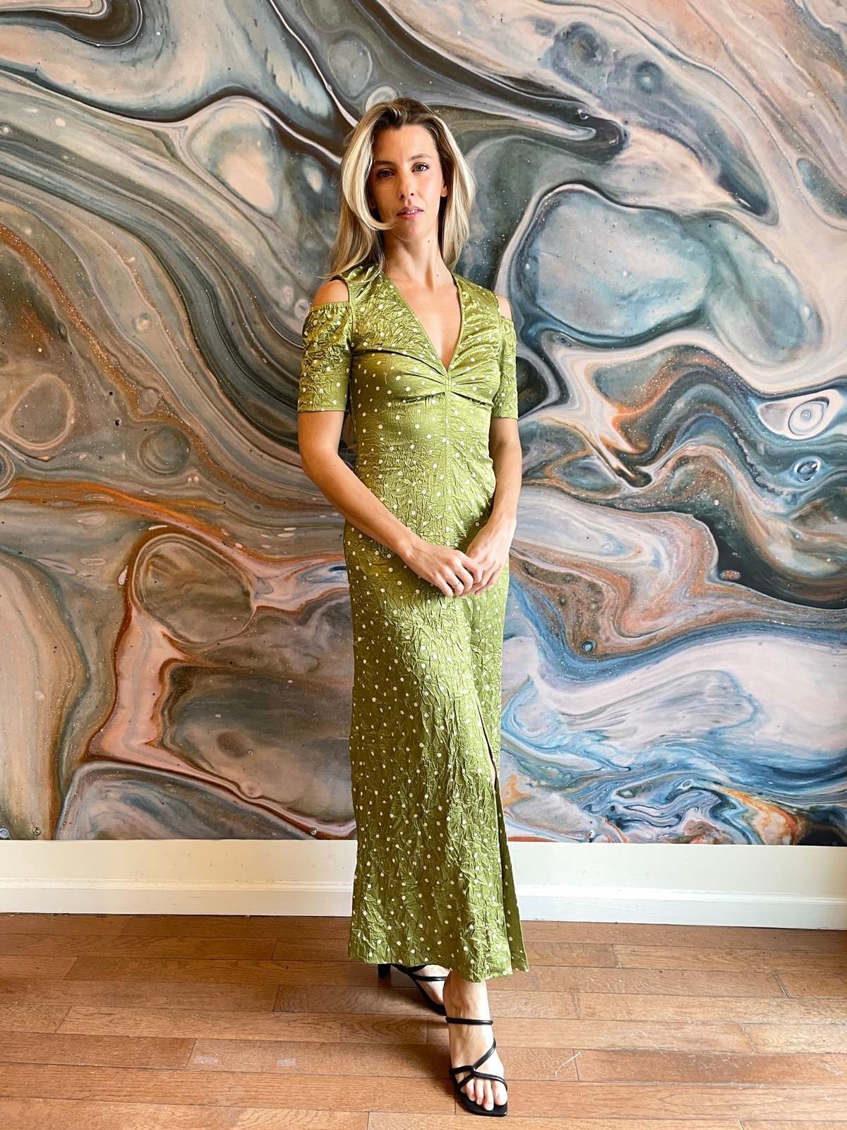 Ganni Crinkled Satin Maxi Dress - Going Green