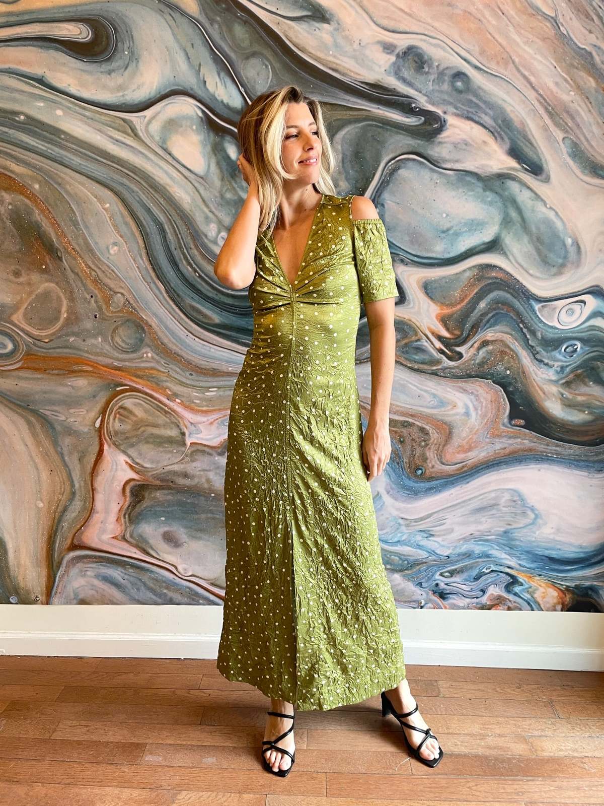 Ganni Crinkled Satin Maxi Dress - Going Green | Garmentory