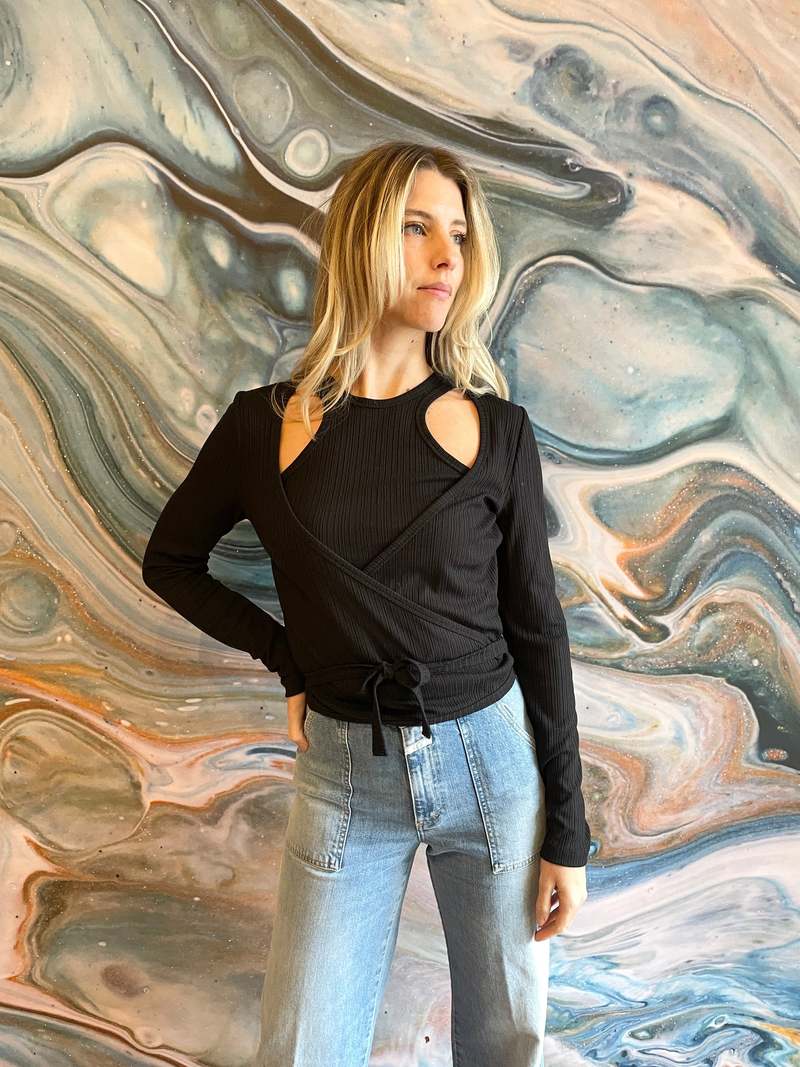 Ganni Rib Jersey Wrap Top - Black | Garmentory