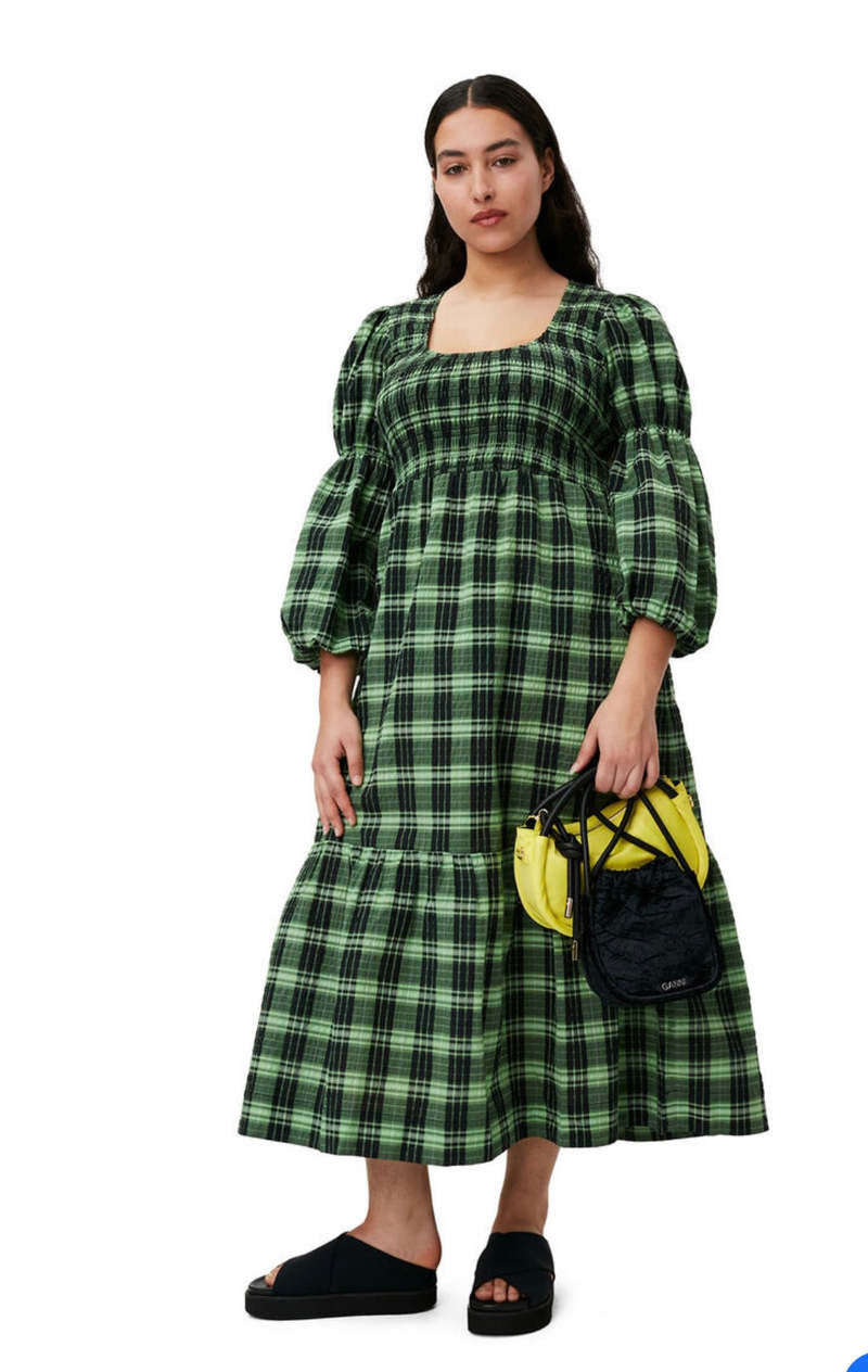 Ganni Seersucker Check U-Neck Maxi Smock Dress Peapod