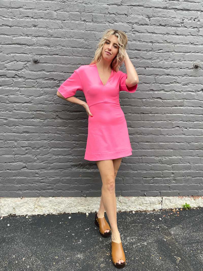 【送料関税込】GANNI ette V-Neck Mini Dress Ganni Stretch Suiting V-Neck Mini Dress - Shocking Pink