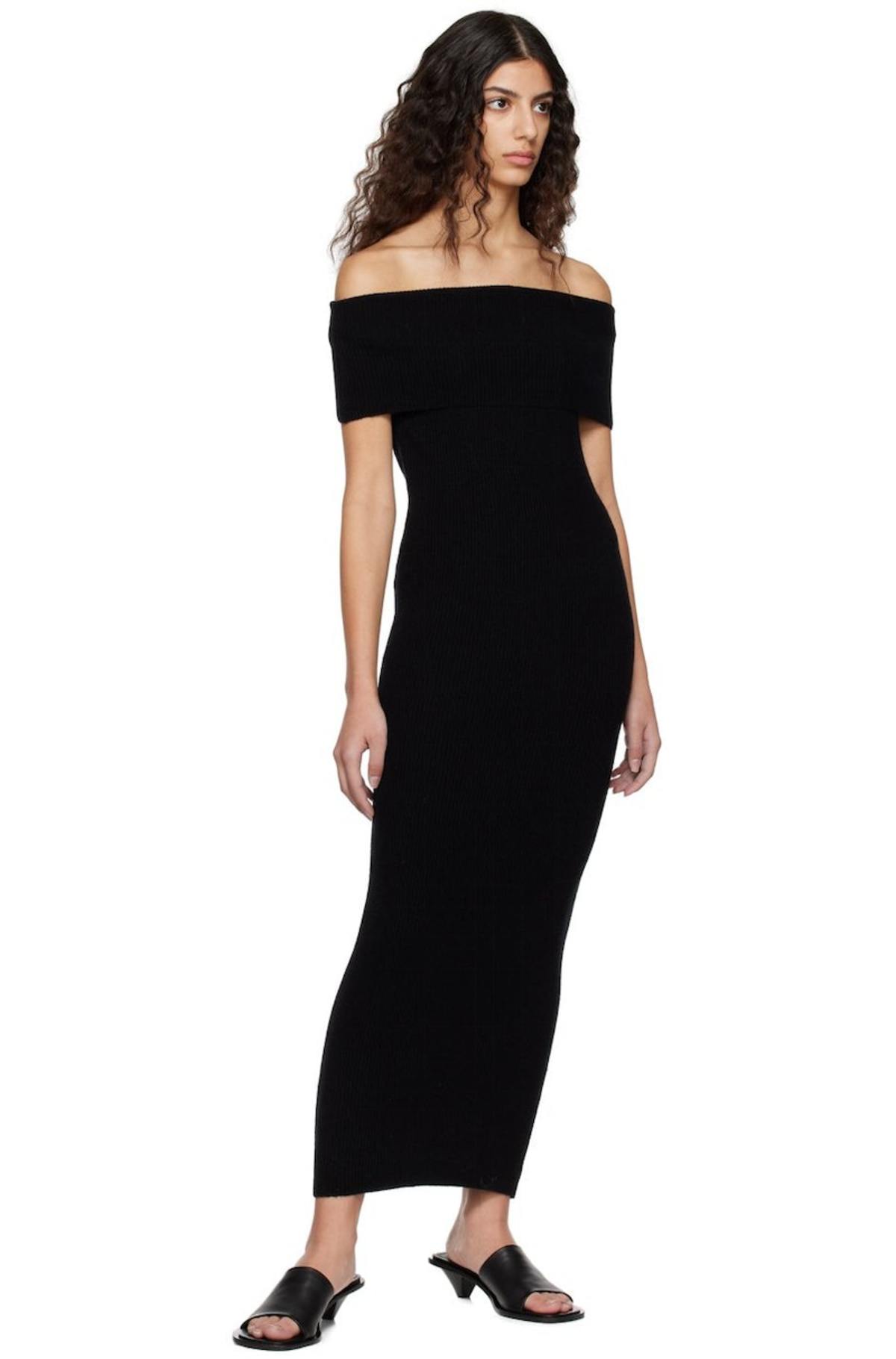 prom dresses white and black Ainara Black Off Shoulder Polished Midi Dress