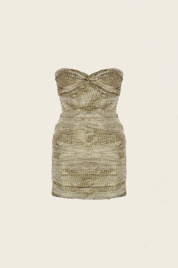 ZEYNEP ARCAY Ruched Mini Chiffon Dress - Gold/Black | Garmentory ZEYNEP ARCAY Ruched Mini Chiffon Dress - Gold/Black | Garmentory