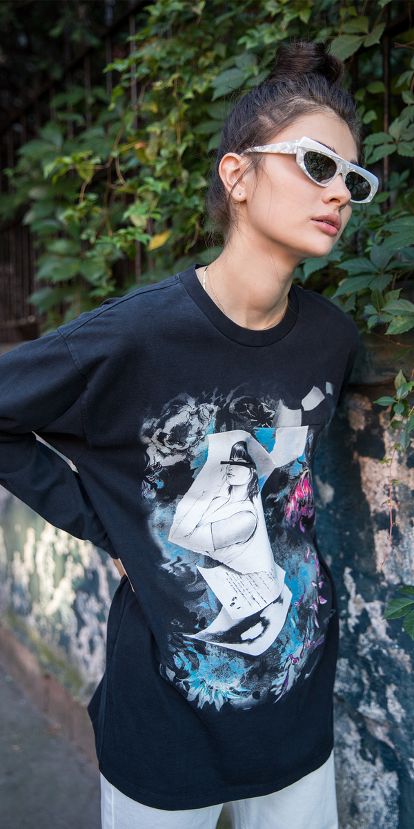 MM6 Maison Margiela Oversized Printed Long Sleeve Tee - black