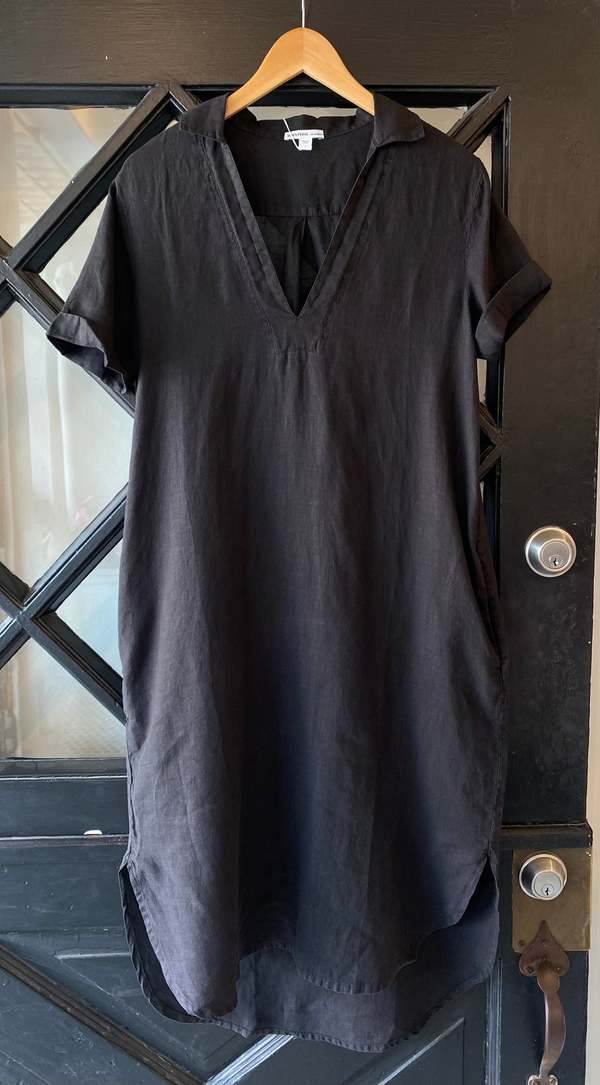 James Perse Open Henley Shirt Dress - Black/Silt Pigment | Garmentory James Perse Open Henley Shirt Dress - Black/Silt Pigment | Garmentory