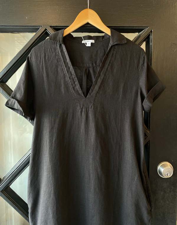 James Perse Open Henley Shirt Dress - Black/Silt Pigment | Garmentory