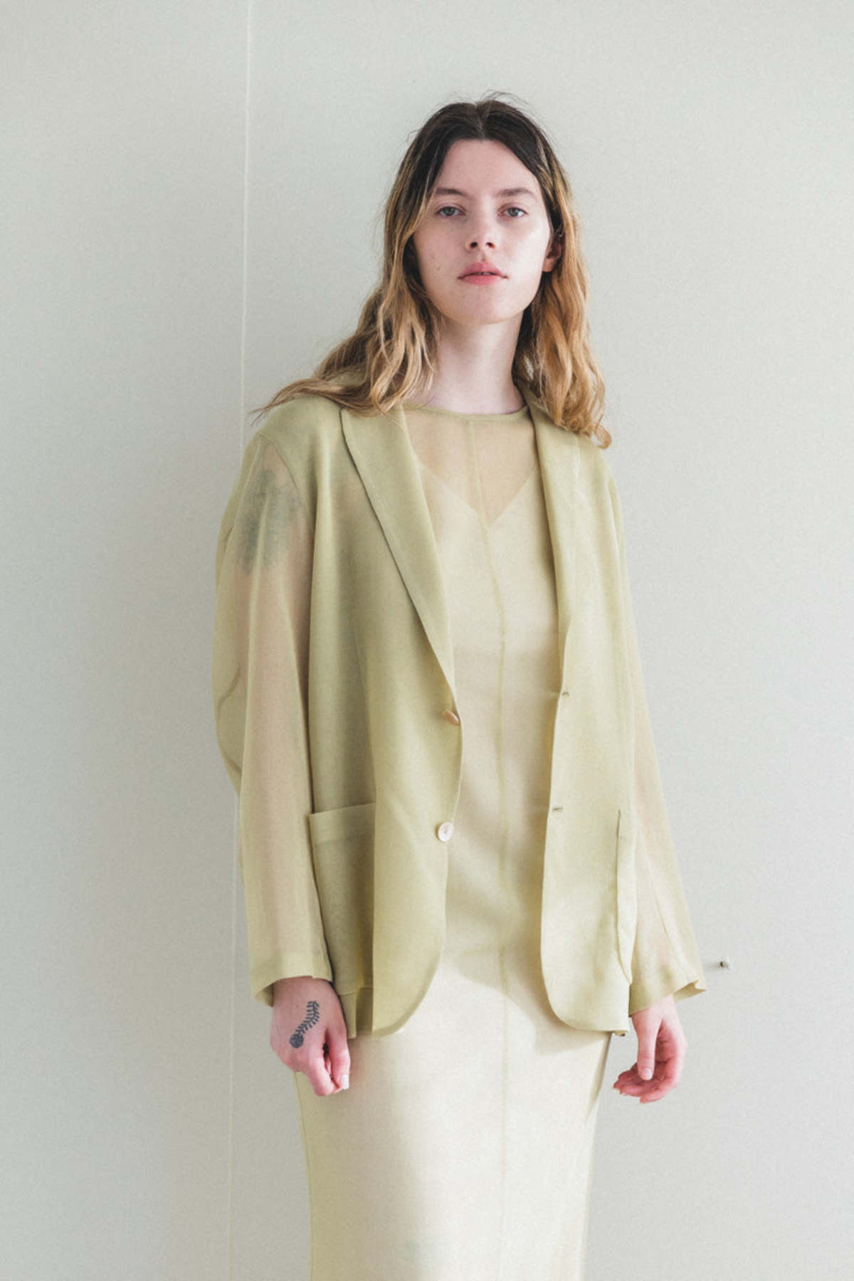 Auralee WOOL RECYCLE POLYESTER LENO SHEER JACKET YELLOW KHAKI