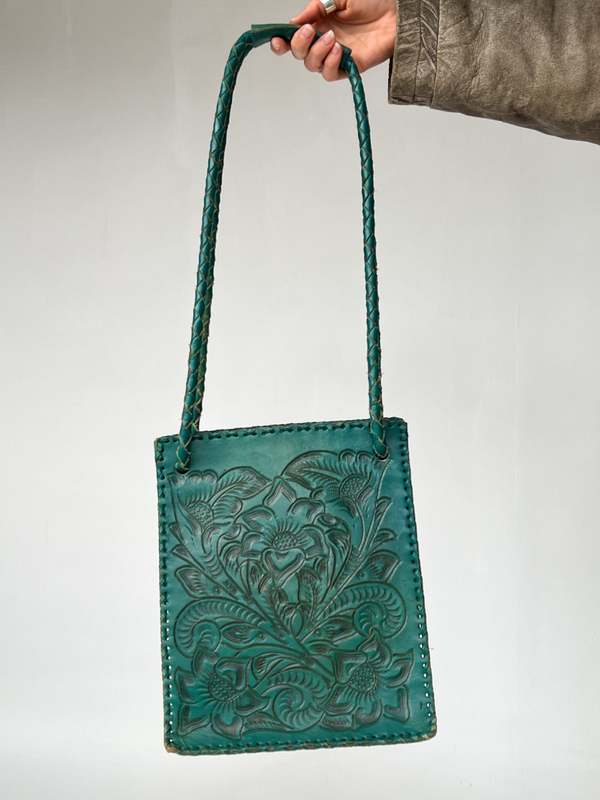 Vintage Tooled Leather Bag Green Dyed Garmentory